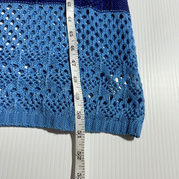 Knit Mix Crochet Open Knit See Thru Maxi Dress Size L Blue Stripe Beach Festival - Picture 14 of 14